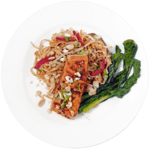 Sambal Tempeh + Miso Rice Noodles + Baby Bok Choy plated