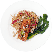 Sambal Tempeh + Miso Rice Noodles + Baby Bok Choy plated